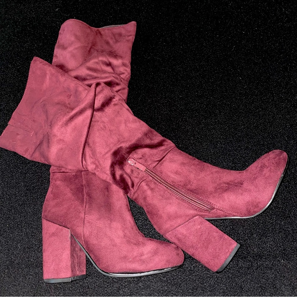 Burgundy Suede Calf-Height Boots with Heel, Size 8